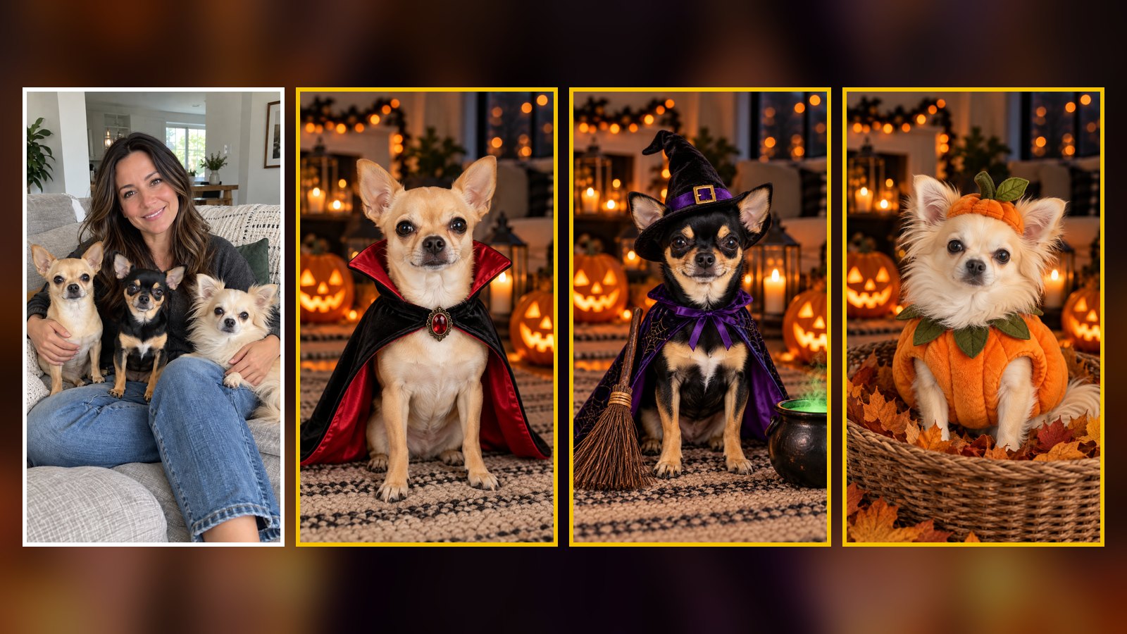 Foto de una mujer con sus 3 chihuahuas y los mismos perros disfrazados con ChatGPT de vampiro, bruja y calabaza