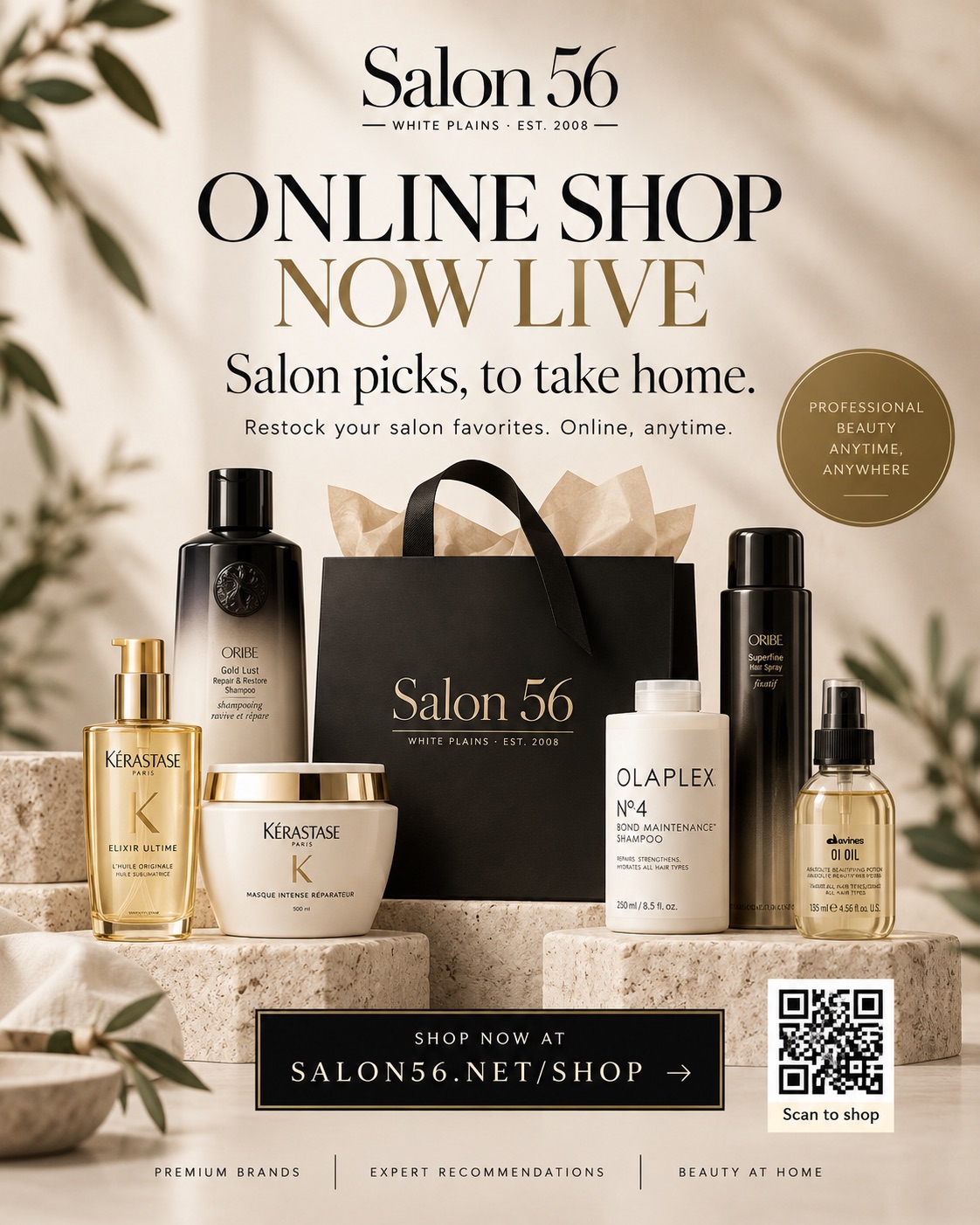 Imagen promocional de la tienda online de Salon 56 creada con ChatGPT: bolsa negra, productos para el cabello y código QR